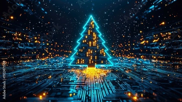 Fototapeta Futuristic Christmas tree glowing with bright neon lights against a dark background showcasing digital patterns and sparkling tech particles representing celebration technology and innovation