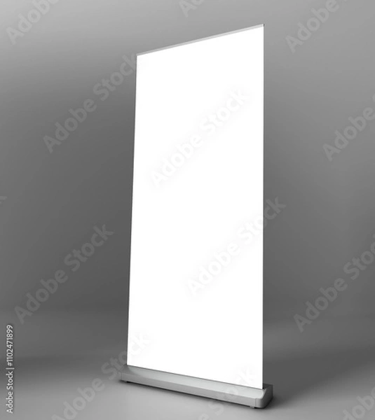 Fototapeta Blank vertical roll-up banner stand mockup on white background. Pull-up roller portable signage mock-up. White pop-up advertising display template. Roll up 3d ad banner on white background.