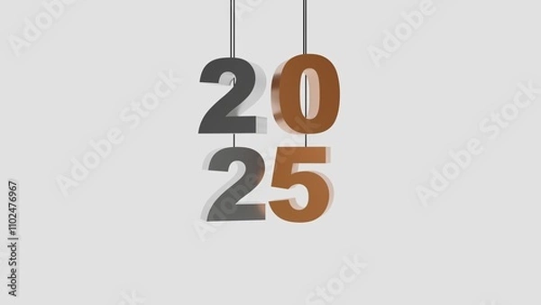 Fototapeta Creative 3D rendering of the year 2025 with metallic and orange tones, suspended on strings. Ideal for festive, futuristic, and innovative designs for calendars, greeting cards, or banners.