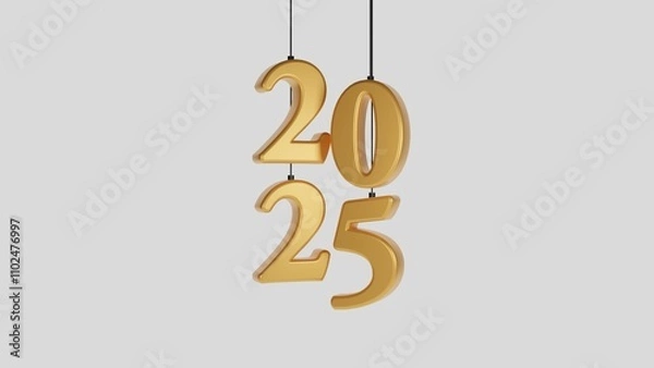 Fototapeta Luxurious 3D rendering of the year 2025 in shining golden tones, hanging elegantly. Perfect for New Year’s celebration designs, invitations, and holiday-themed promotional materials
