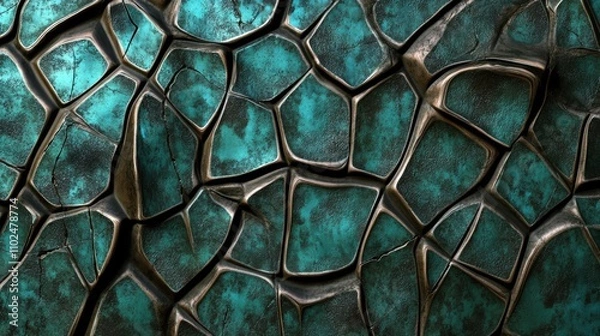 Fototapeta A rugged industrial design featuring cracked textures in rich bronze and teal hues. The metallic highlights and intricate patterns create a bold, edgy aesthetic perfect for modern backdrops.