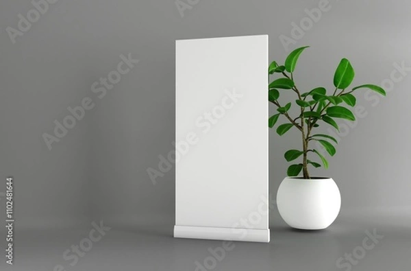Fototapeta Blank vertical roll-up banner stand mockup on white background. Pull-up roller portable signage mock-up. White pop-up advertising display template. Roll up 3d ad banner on white background.