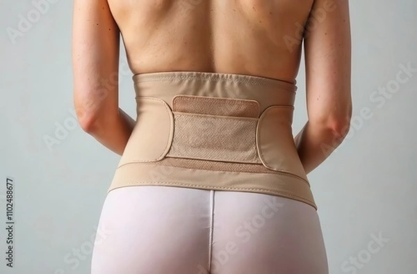 Obraz beige orthopedic belt on the body of a slender girl to support the back and abdomen, a tightening corset, back view