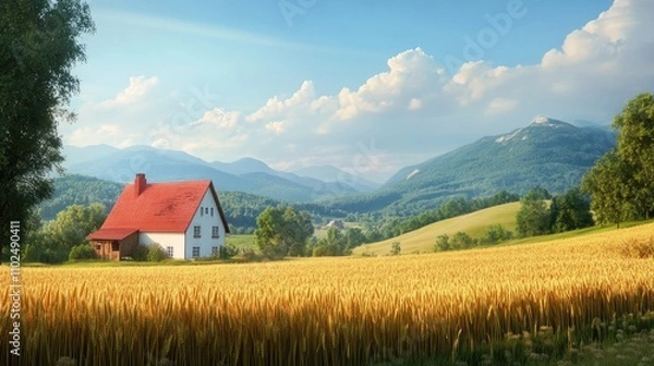 Fototapeta A charming rural landscape featuring rolling hills, a picturesque farmhouse, and fields of golden wheat swaying in the gentle breeze.