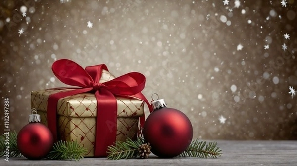 Fototapeta Christmas themed background featuring ornaments, a gift box with a red ribbon