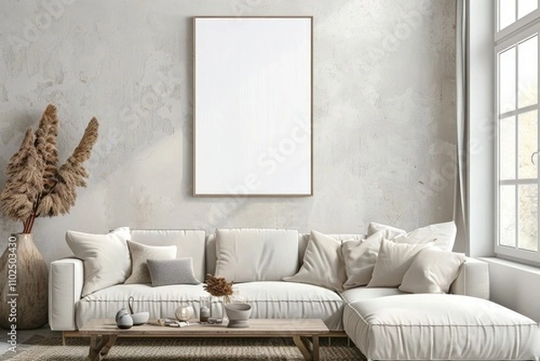 Fototapeta A modern living room with a beige sofa. a wicker coffee table. dried pampas grass. and a large. empty picture frame on the wall