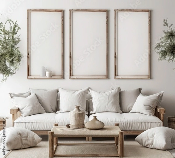 Fototapeta Minimalist living room interior with a white sofa. wooden coffee table. and three empty frames on the wall