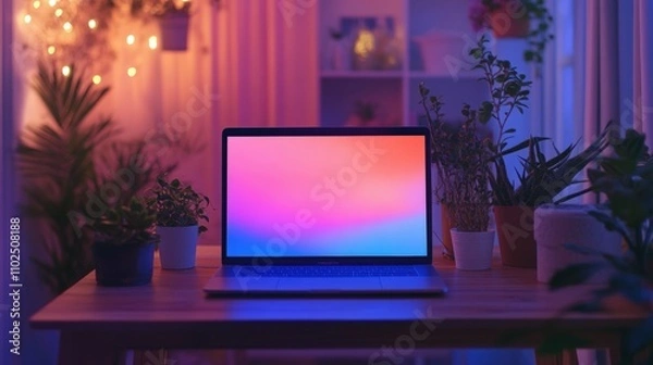 Fototapeta Laptop on a wooden desk with plants around, vibrant screen colors, warm ambient lighting in a cozy room,