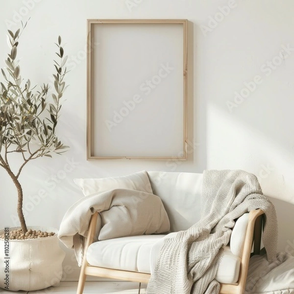 Fototapeta Minimalist living room with a comfortable armchair. a framed poster. a small table. a plant. and a rug on the floor The room is bathed in warm sunlight