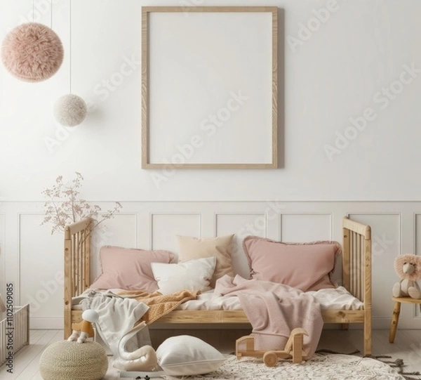 Fototapeta Minimalist nursery room interior with a wooden daybed. pink pillows and a blank frame mockup