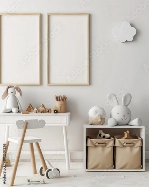 Fototapeta Minimalist children's playroom with two blank picture frames. wooden table. stool. rug. toys. and a doll in a basket