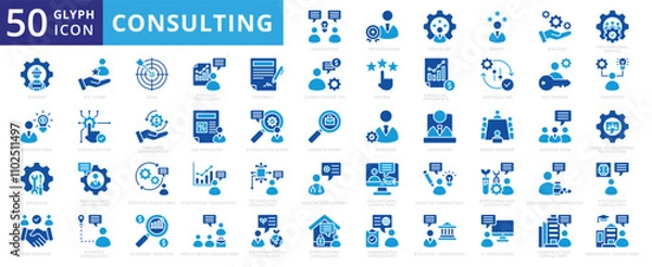 Fototapeta Consulting icon set of scope, creative, business, technology, construction, health, team, idea, university, management, worker, creativity, partnership, employee, manager, service, biotechnology, tax