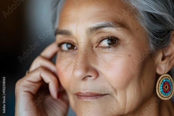 Fototapeta A close-up view of a mature woman showcasing her expressive eyes and detailed features, adorned with beautiful earrings, highlighting wisdom and life experience.