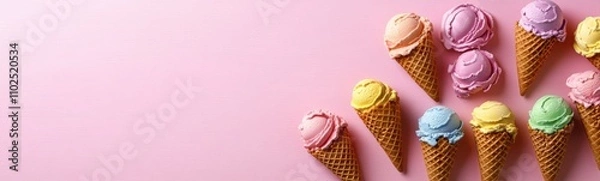 Fototapeta Several ice cream cones with different colors of ice cream on a pink background, frame , space for text