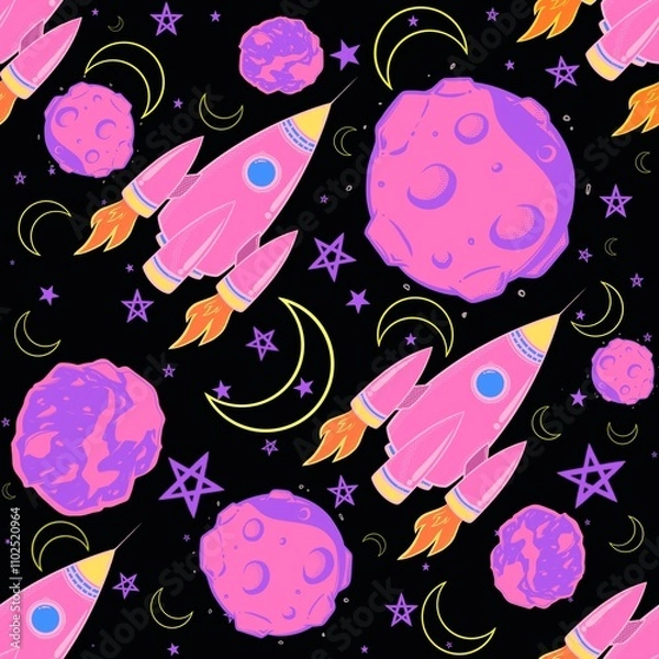 Fototapeta Seamless repeating pink space pattern with orbits, meteor, moon, stars and rocket on black background.