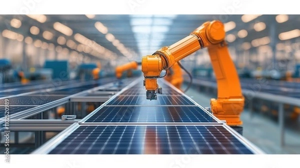 Fototapeta A robotic arm assembles solar panels in a modern manufacturing facility, showcasing automation in renewable energy production.
