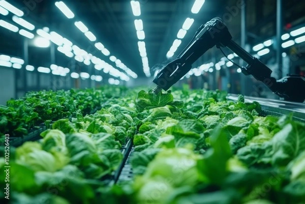 Fototapeta Advanced Robotic Arm Harvesting Fresh Lettuce in a Modern Indoor Vertical Farm with Artificial Lighting and High-Tech Agricultural Setup
