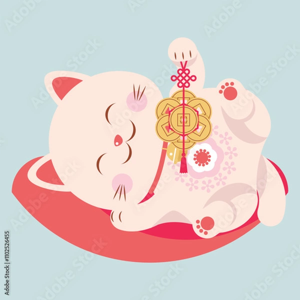 Fototapeta Cute lucky cat lying on pillow and holding a bunch of coins in raised left paw. Funny playful beckoning cat with coins in left paw, traditional Japanese lucky amulet. Isolated vector object, 