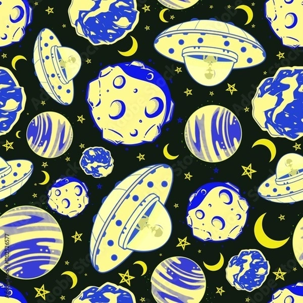 Fototapeta Seamless repeating space pattern with spaceship, ufo, alien, orbits, stars, moon, meteors and planets on black background. 