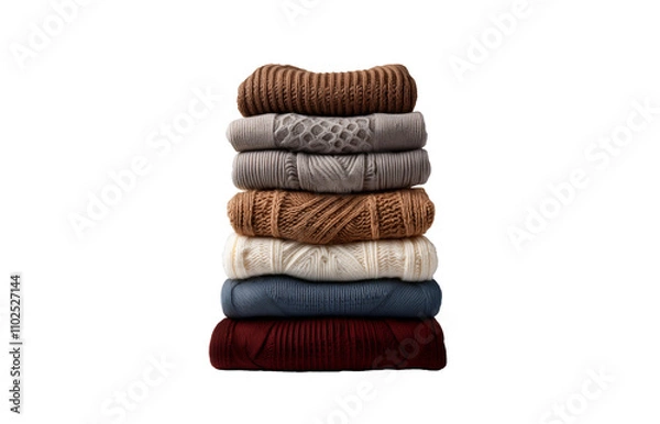 Obraz Pile of warm, knitted wool sweaters or pullovers, isolated on a transparent background. Soft, comfy winter and fall clothes.