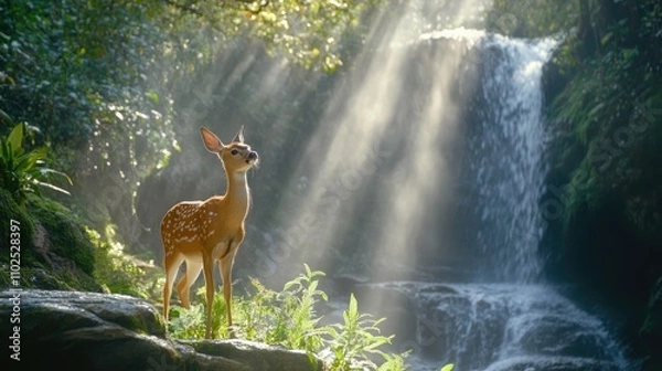 Fototapeta Young Fawn Standing Gracefully by a Serene Waterfall in Nature