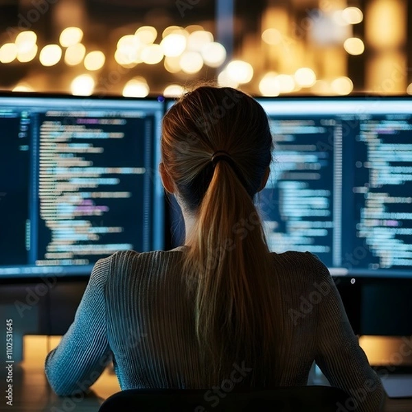 Fototapeta Rear view of young female programmer sitting at her workplace in front of monitors and working with program codes