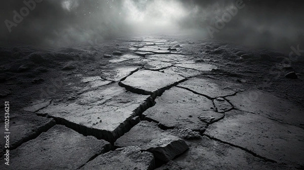 Obraz A desolate landscape with cracked ground under a dark, ominous sky, evoking a sense of isolation and mystery.