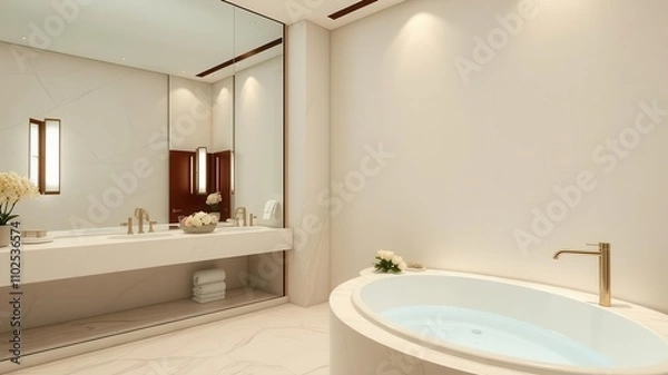 Fototapeta A luxurious bathroom with a large spa bathtub next to a floor-to-ceiling mirror, creating a relaxing and elegant atmosphere, interior design, self-care