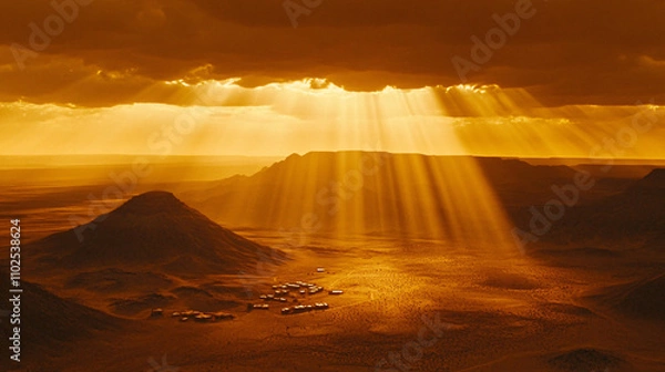 Fototapeta A breathtaking view of golden sunlight filtering through clouds over a rugged landscape, creating a serene and dramatic atmosphere.