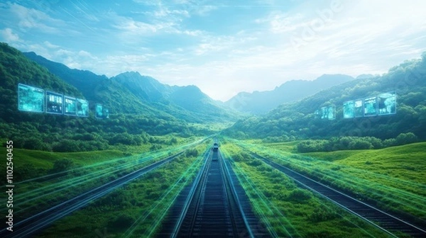 Fototapeta A futuristic train powered by renewable energy, running through a lush green valley with holographic billboards, ecotech fusion, digital 3D rendering