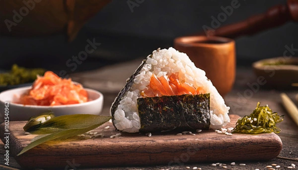 Fototapeta Japanese onigiri with salmon. Ingridients on the wooden table. comercial food concept