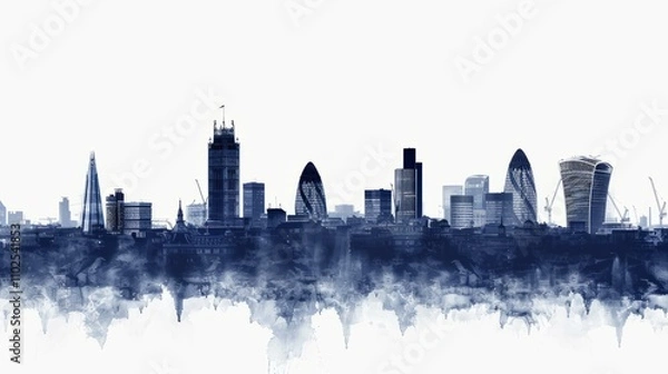 Fototapeta Silhouette of London skyline with iconic landmarks and modern architecture in watercolor style