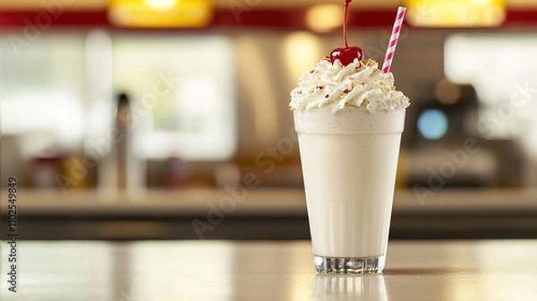 Fototapeta A creamy milkshake topped with whipped cream and a cherry, served with striped straws in a glass cup, perfect for dessert lovers.
