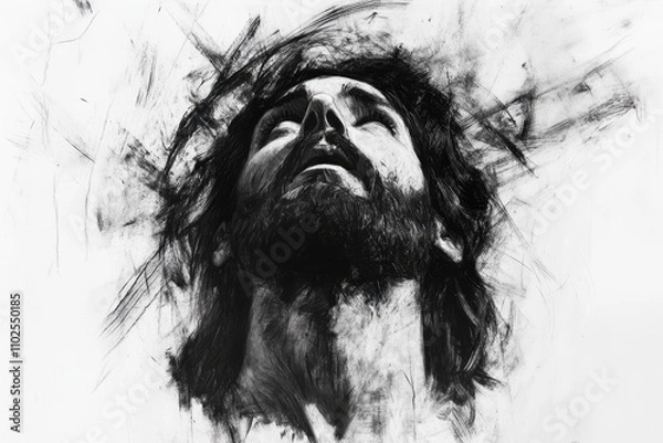 Obraz Expressive Charcoal Drawing of Jesus Christ Gazing Upwards in a Powerful and Emotional Artistic Composition