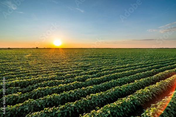 Fototapeta Golden sunset casting warm light over endless rows of soy crops in a rural farmland
