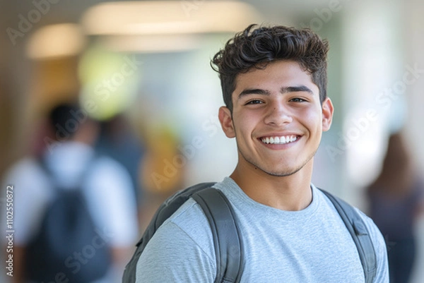 Fototapeta Portrait of a smiling young male hispanic latino college student at university facility.