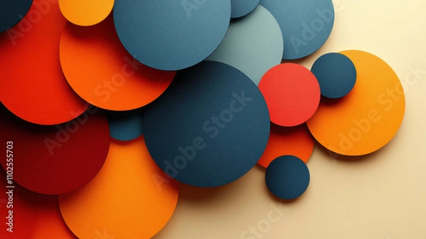Fototapeta Colorful geometric circles create modern abstract background, featuring vibrant hues of orange, blue, and red. This design adds lively touch to any space
