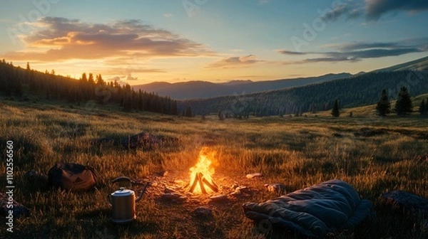 Fototapeta Sunset over a meadow, a campfire with rustic camping gear, kettle, and sleeping bag, surrounded by grassy hills and colorful sky.
