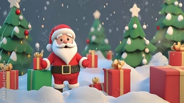 Fototapeta 크리스마스 트리와 선물로 꾸며진 산타클로스의 풍경, AI 생성