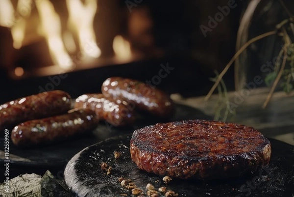 Fototapeta Plant-based meat alternatives in various forms, such as burgers and sausages, displayed attractively.