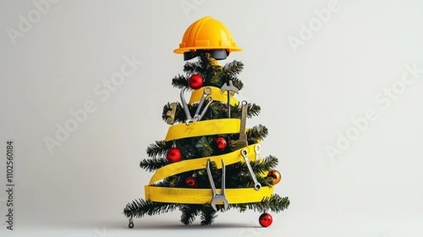 Obraz Creative Christmas tree designed for builders featuring safety gear and tools