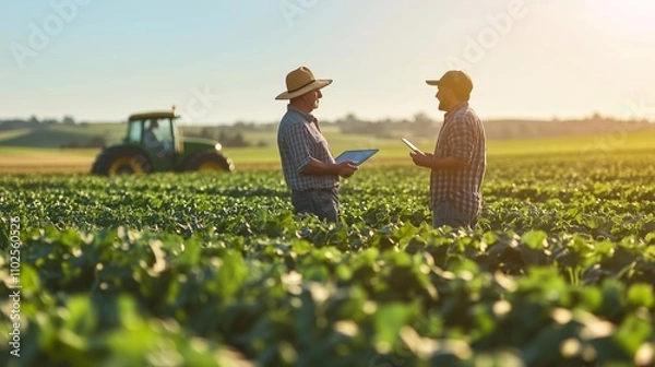 Obraz Two farmers chat in a sunny field, showcasing collaboration amid green crops and clear skies.