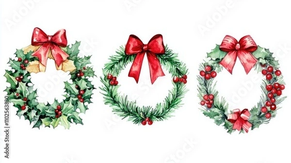 Fototapeta Holiday wreath and bows flat design front view classic celebration theme water color Triadic Color Scheme