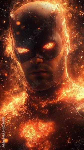 Fototapeta Intense Superhero Portrait with Fiery Visual Effects and Dynamic Lighting Inspired by Action and Adventure Genres