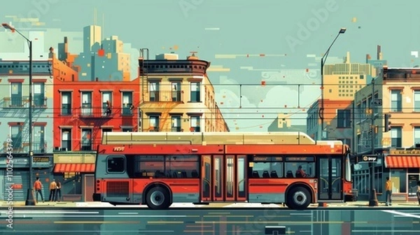 Obraz City bus on a street with buildings.