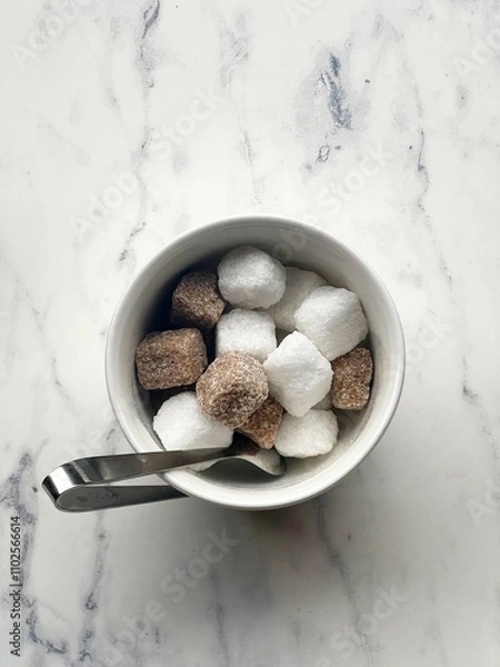 Obraz  a small white bowl containing an assortment of sugar cubes. The cubes are both white and brown, suggesting a mix of refined white sugar and unrefined or raw brown sugar.