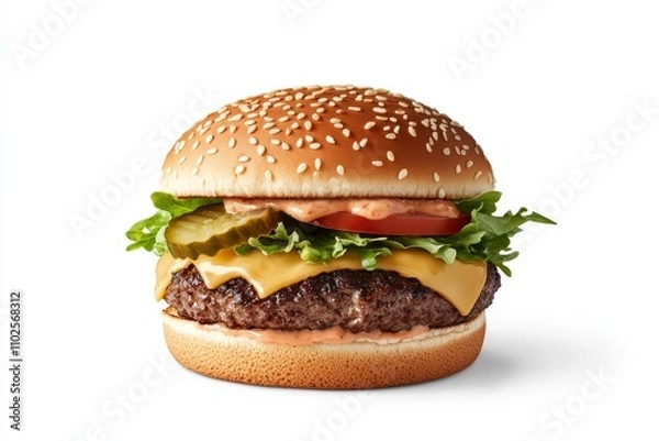 Fototapeta A hamburger with cheese and pickles on it