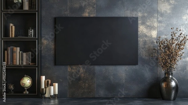 Fototapeta Blank sign on slate wall with bookshelf decor and bright natural light