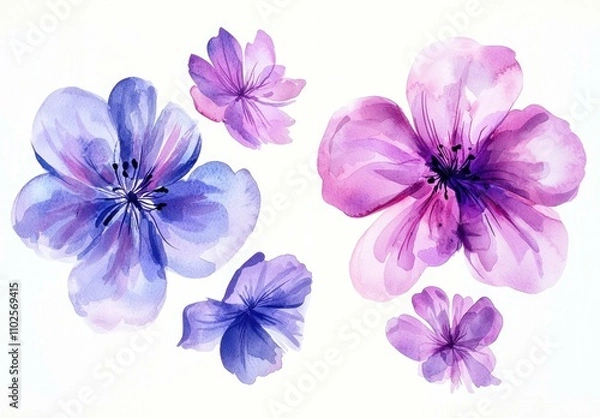 Fototapeta Delicate watercolor flowers in shades of purple and pink, beautifully arranged on a white background, emphasizing their elegant petals and soft colors.
