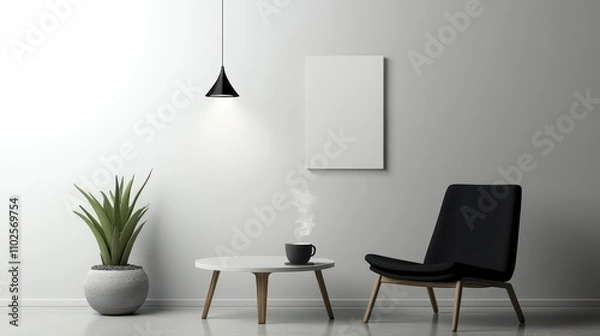 Fototapeta Modern black chair with coffee table and potted aloe under soft light